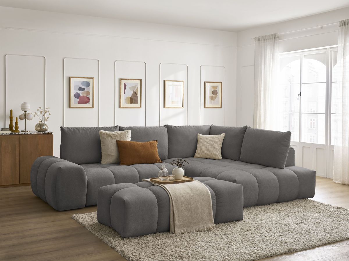 Canapé d'angle L convertible coffre EVEREST tissu texturé avec pouf