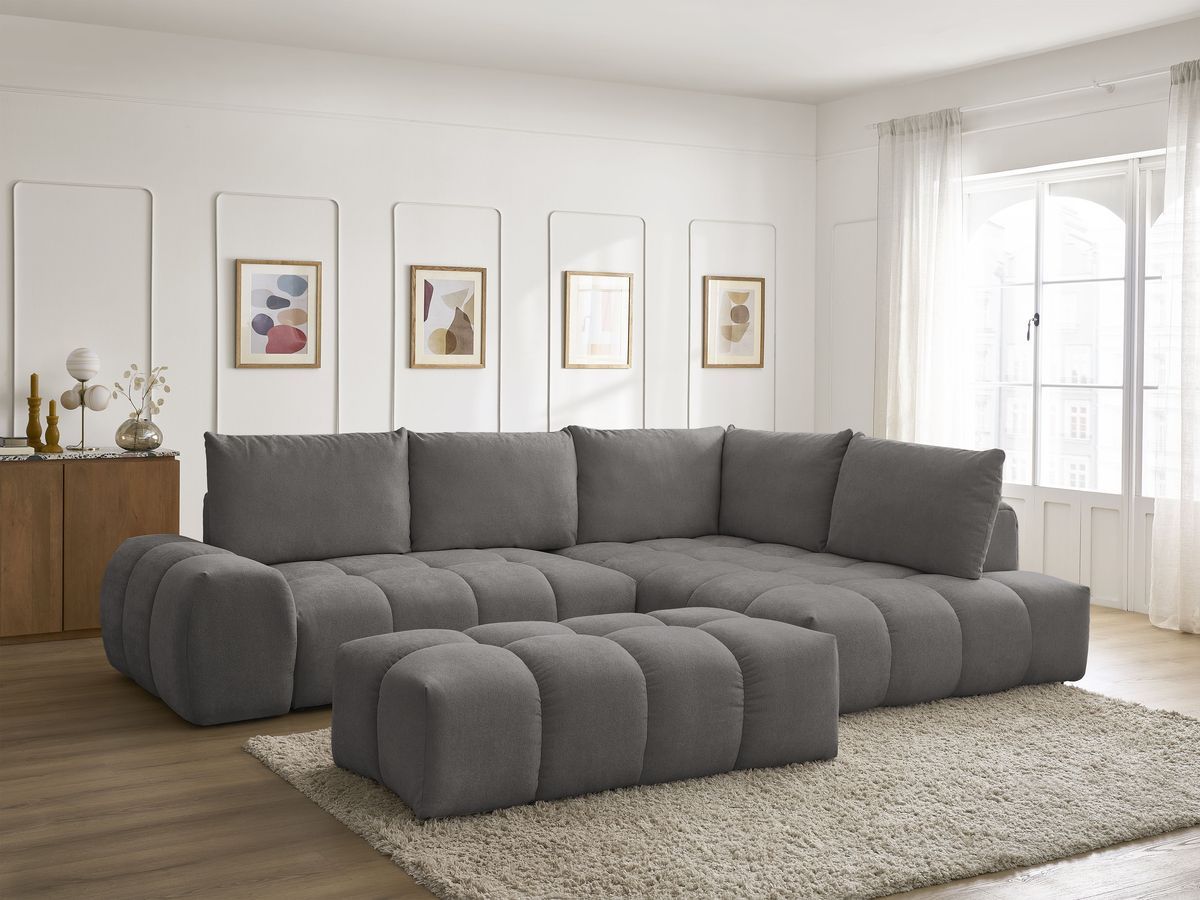 Canapé d'angle L convertible coffre EVEREST tissu texturé avec pouf