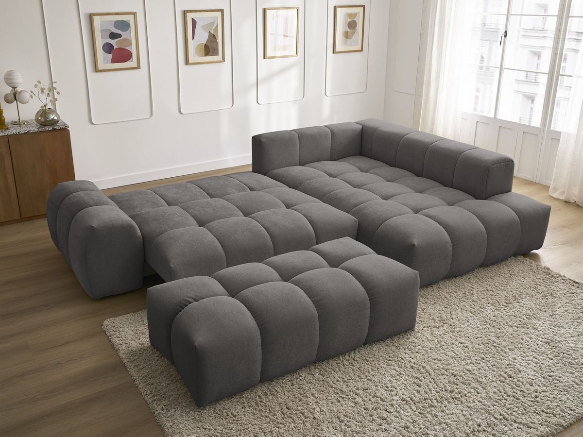 Canapé d'angle L convertible coffre EVEREST tissu texturé avec pouf