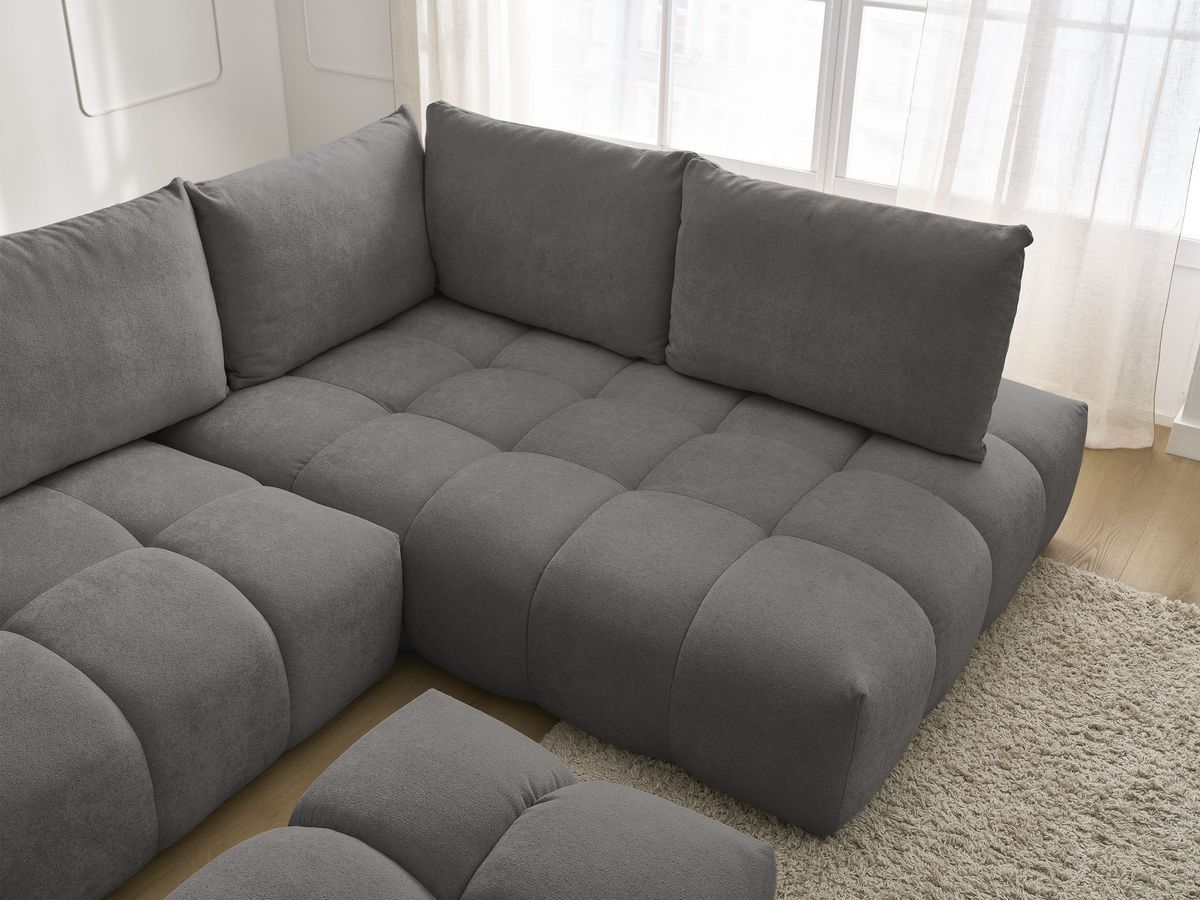 Canapé d'angle L convertible coffre EVEREST tissu texturé avec pouf