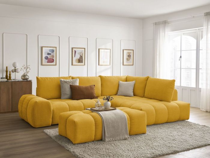 Canapé d'angle L convertible coffre EVEREST tissu texturé avec pouf