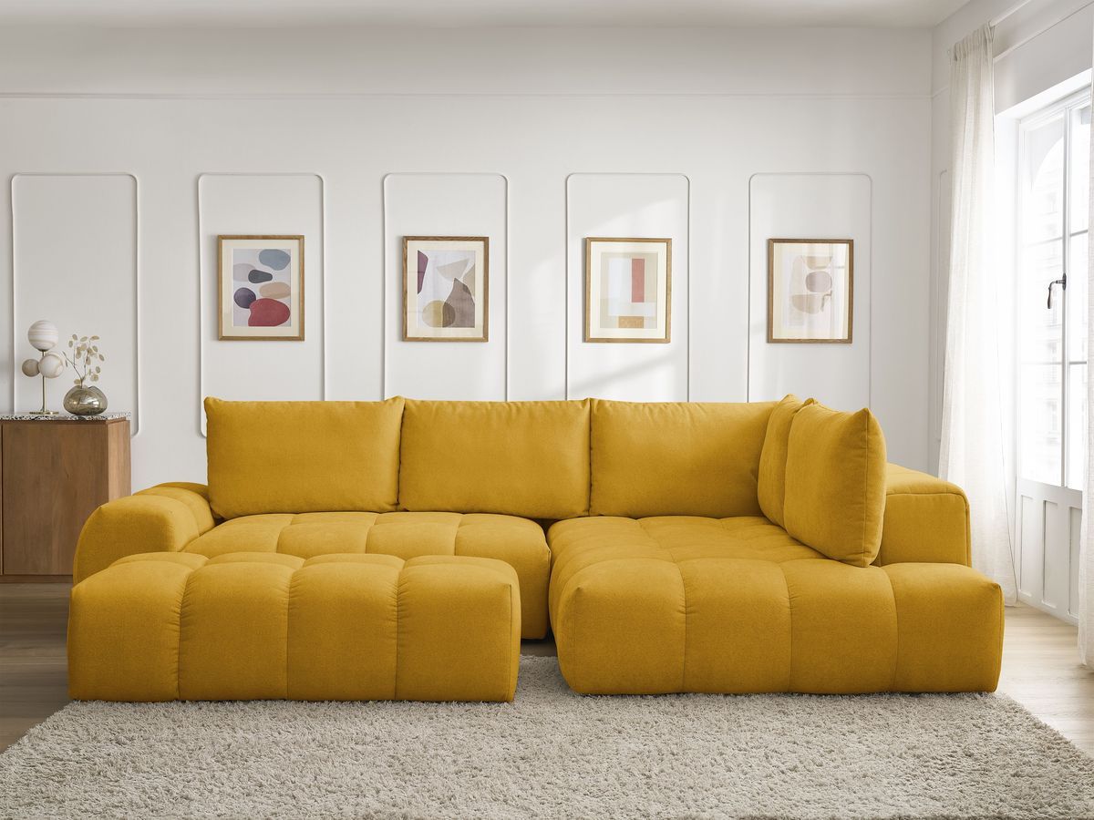 Canapé d'angle L convertible coffre EVEREST texturé avec pouf jaune — vue 5