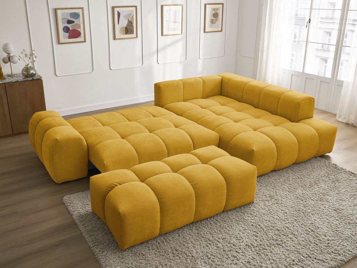 Canapé d'angle L convertible coffre EVEREST tissu texturé avec pouf