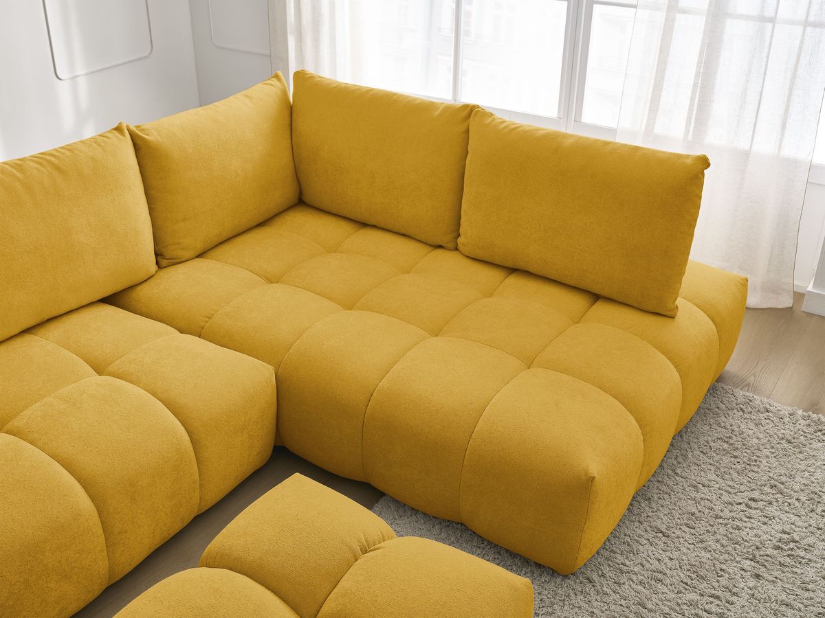 Canapé d'angle L convertible coffre EVEREST tissu texturé avec pouf