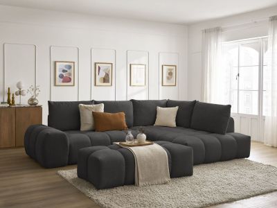 Canapé d'angle L convertible coffre EVEREST tissu texturé avec pouf