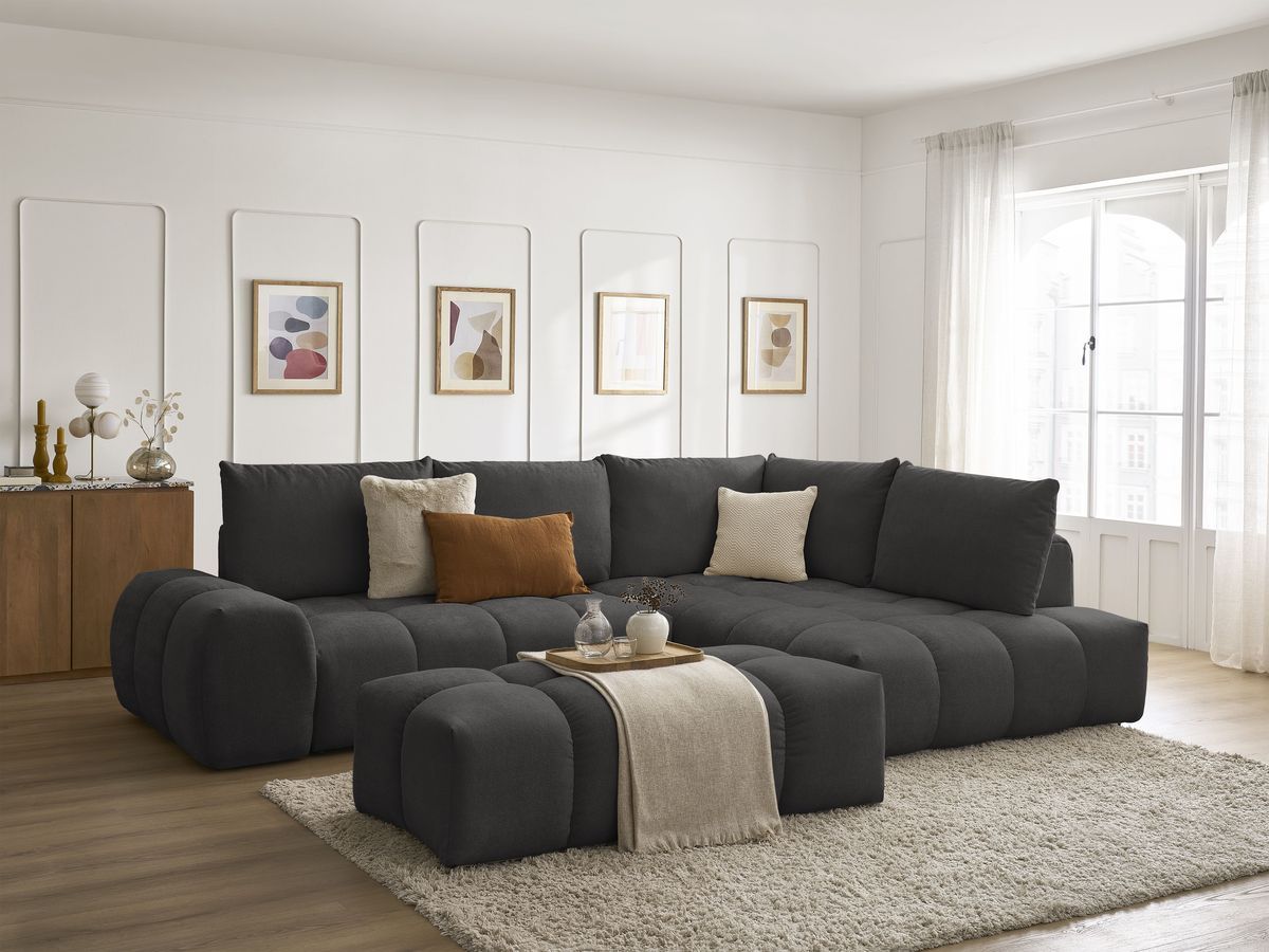 Canapé d'angle L convertible coffre EVEREST tissu texturé avec pouf