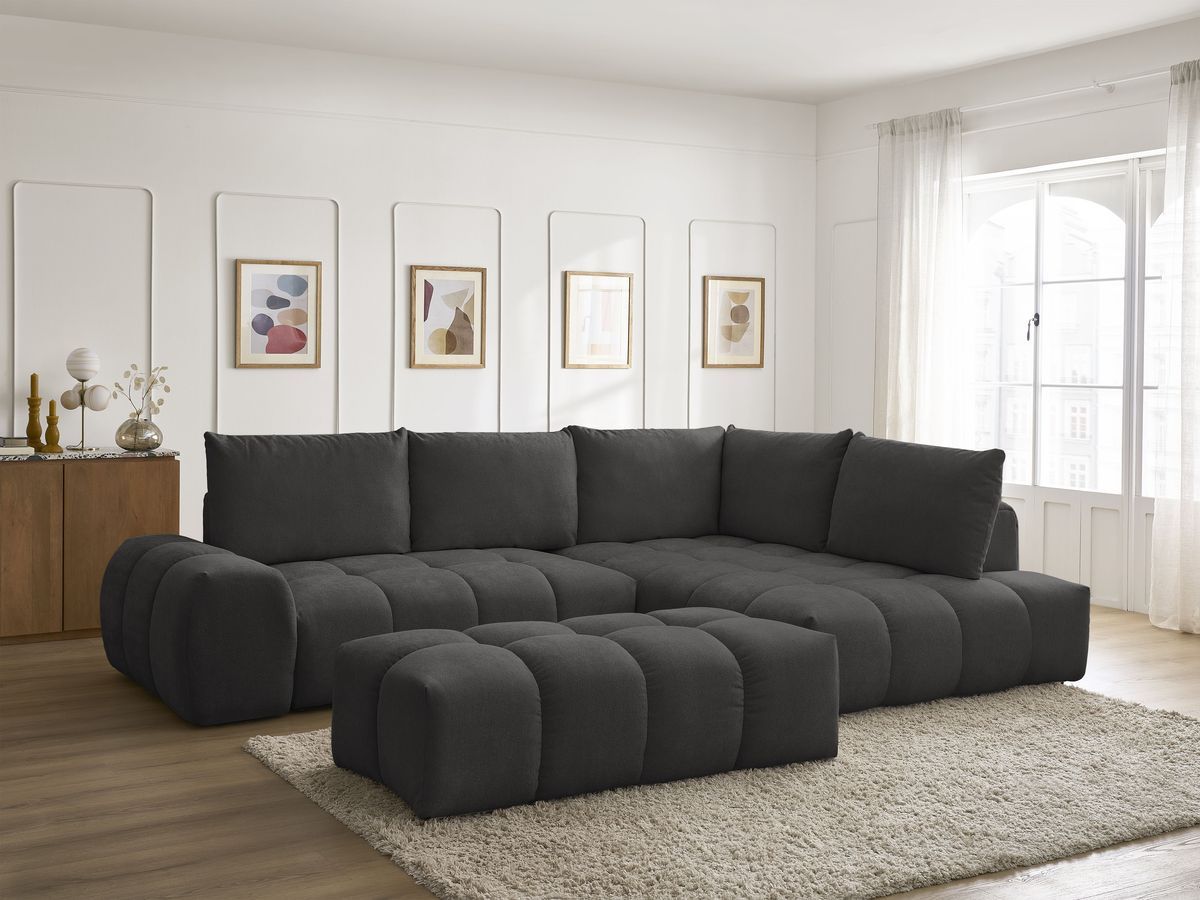 Canapé d'angle L convertible coffre EVEREST tissu texturé avec pouf