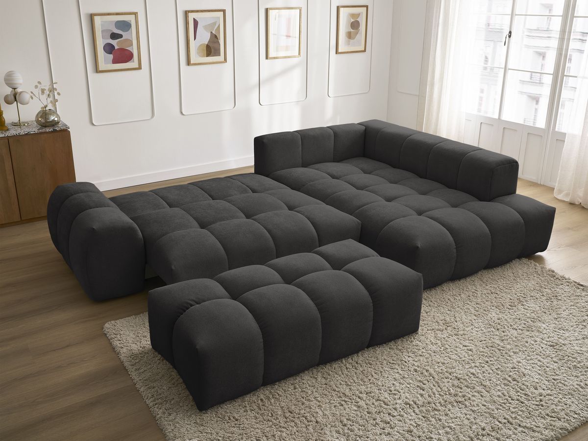 Canapé d'angle L convertible coffre EVEREST tissu texturé avec pouf