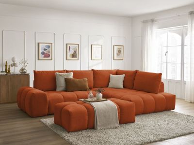 Canapé d'angle L convertible coffre EVEREST tissu texturé avec pouf