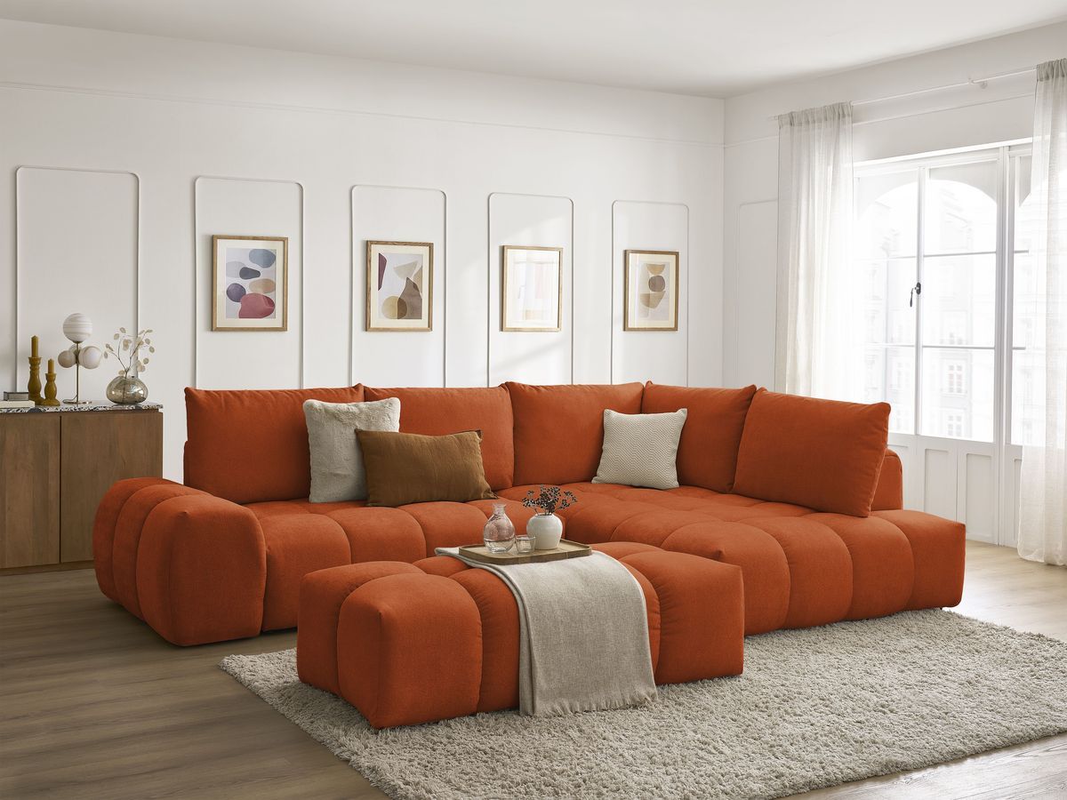 Canapé d'angle L convertible coffre EVEREST tissu texturé avec pouf