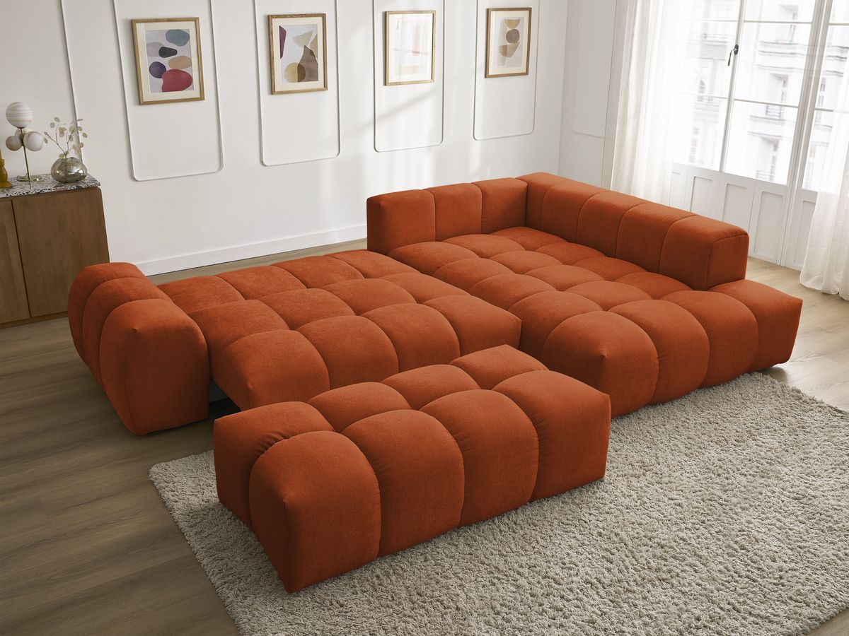 Canapé d'angle L convertible coffre EVEREST tissu texturé avec pouf