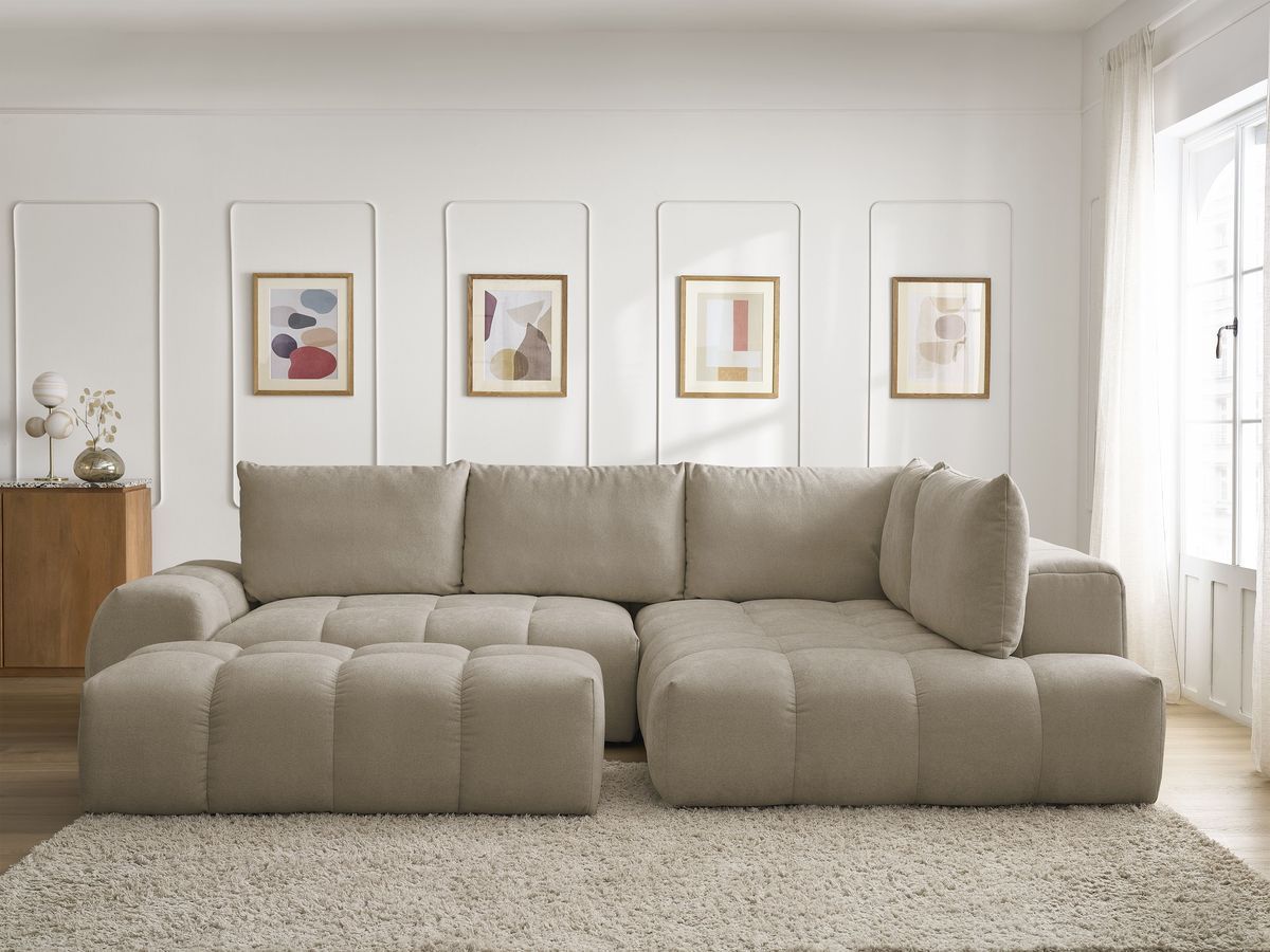 Canapé d'angle L convertible coffre EVEREST texturé avec pouf taupe — vue 5