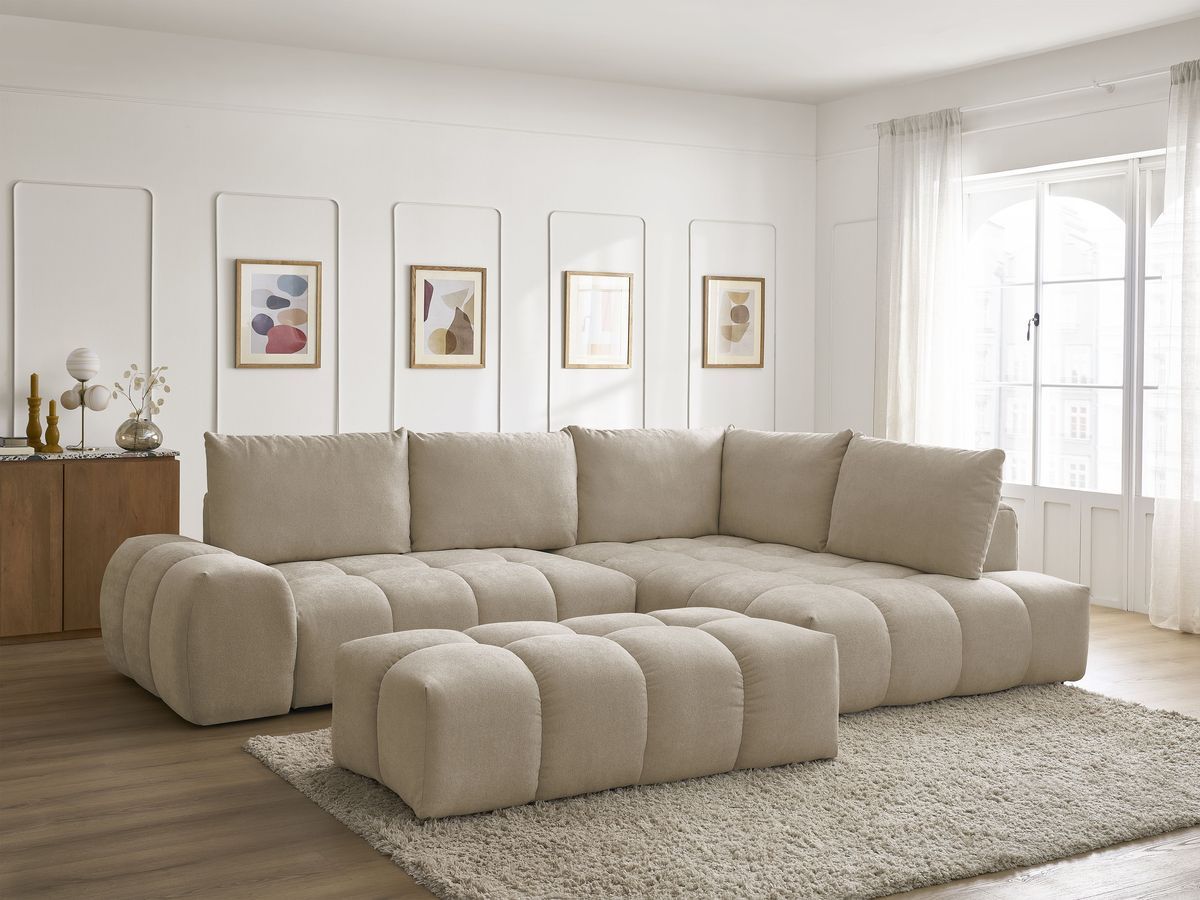 Canapé d'angle L convertible coffre EVEREST tissu texturé avec pouf
