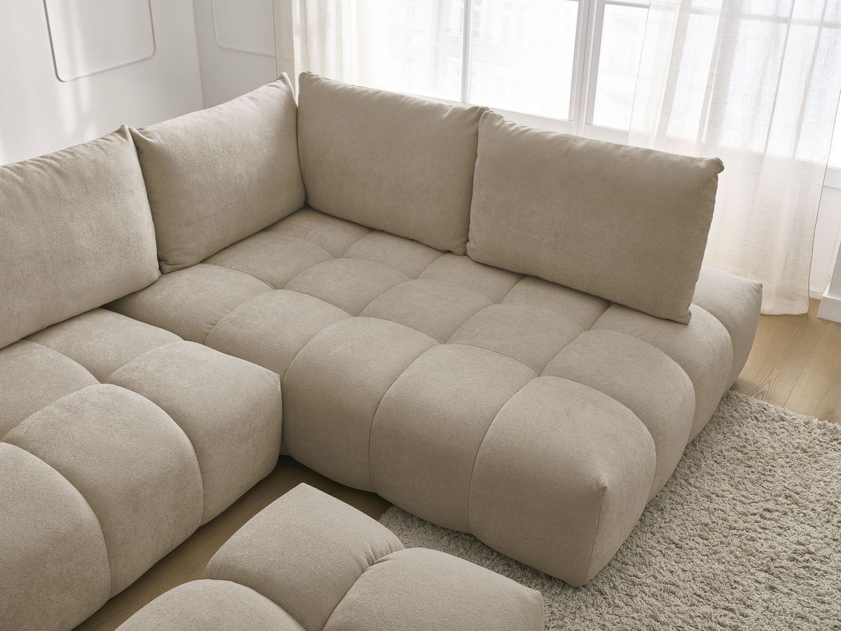 Canapé d'angle L convertible coffre EVEREST tissu texturé avec pouf