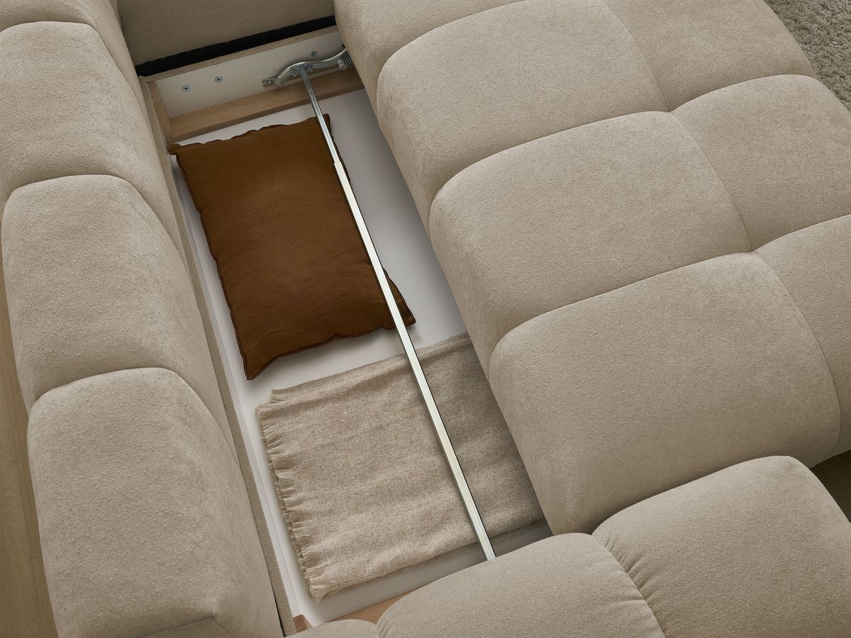Canapé d'angle L convertible coffre EVEREST tissu texturé avec pouf