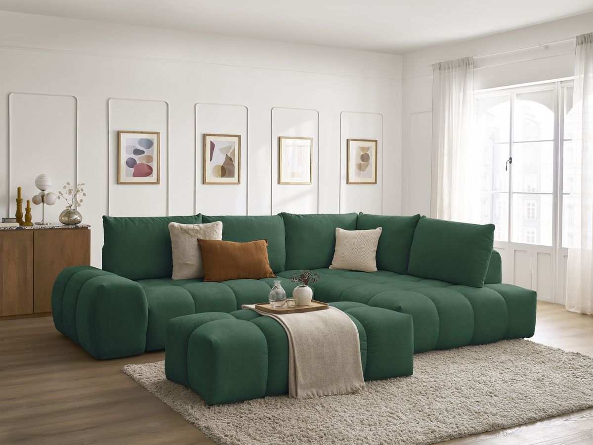 Canapé d'angle L convertible coffre EVEREST tissu texturé avec pouf