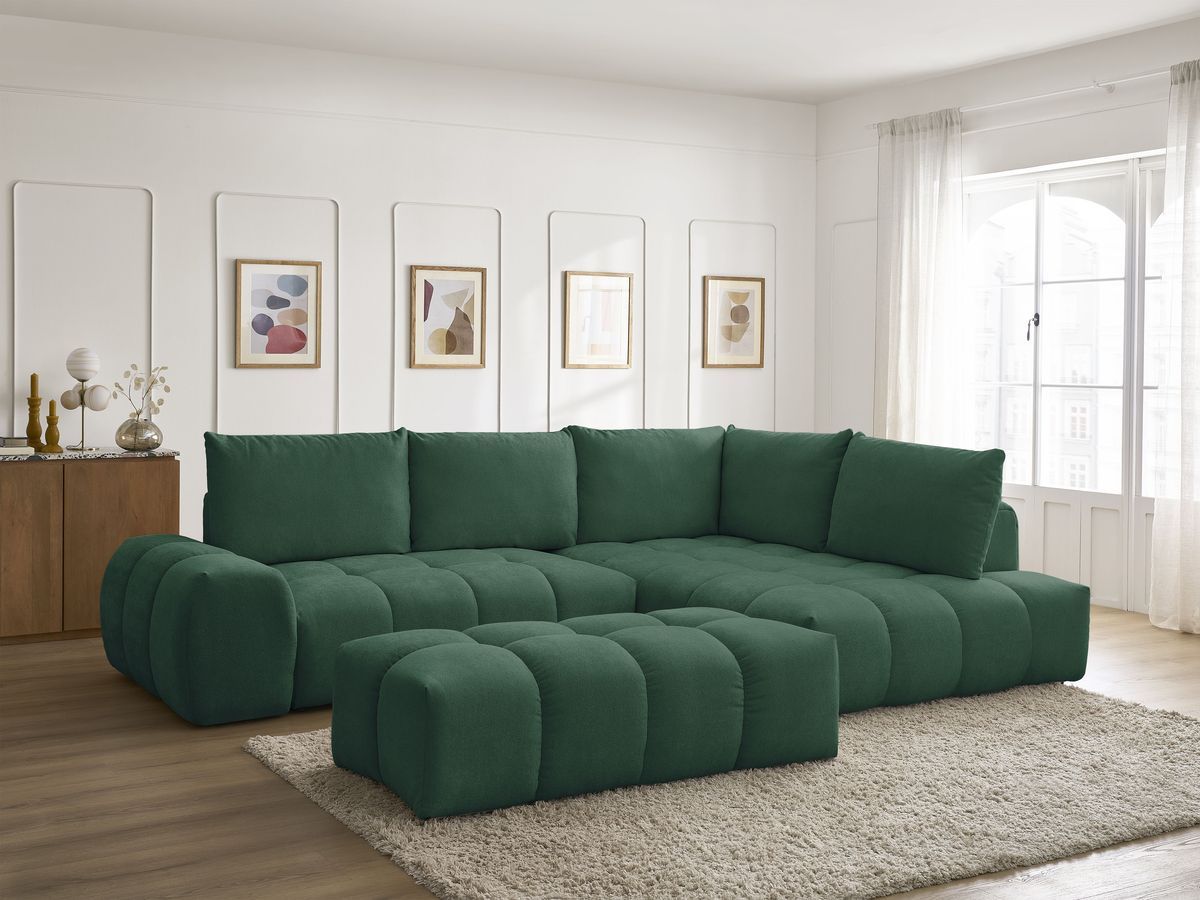 Canapé d'angle L convertible coffre EVEREST tissu texturé avec pouf