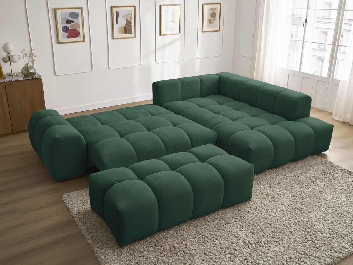 Canapé d'angle L convertible coffre EVEREST tissu texturé avec pouf