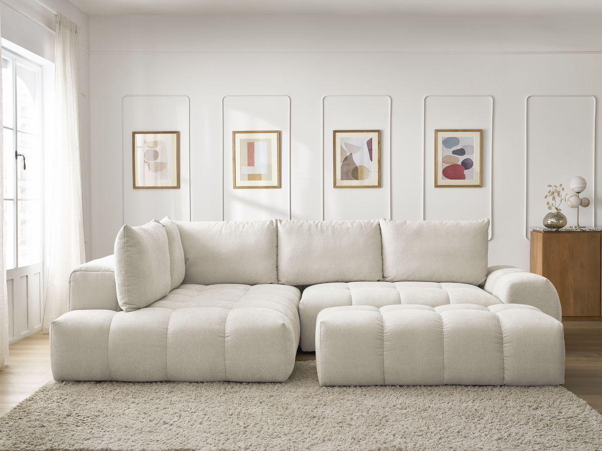 Canapé d'angle L convertible coffre EVEREST tissu texturé avec pouf beige angle gauche BOBOCHIC 4 places - Vue supplémentaire 3