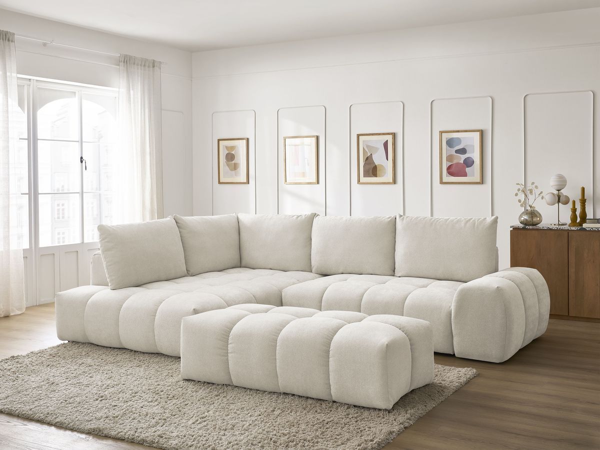 Canapé d'angle L convertible coffre EVEREST tissu texturé avec pouf