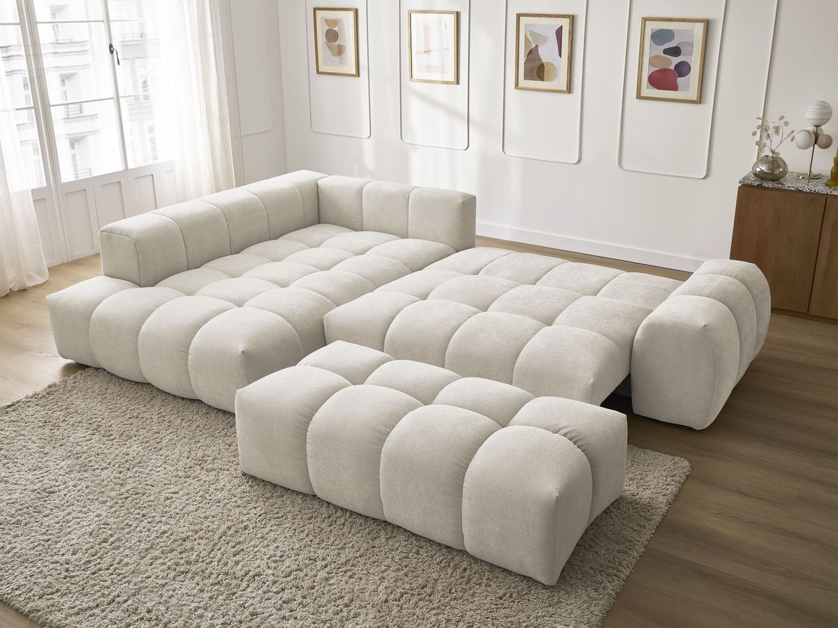 Canapé d'angle L convertible coffre EVEREST tissu texturé avec pouf