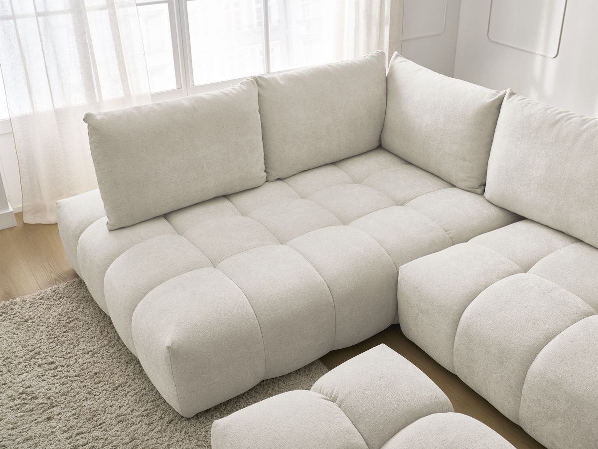 Canapé d'angle L convertible coffre EVEREST tissu texturé avec pouf
