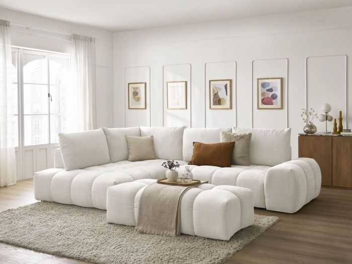 Canapé d'angle L convertible coffre EVEREST tissu texturé avec pouf