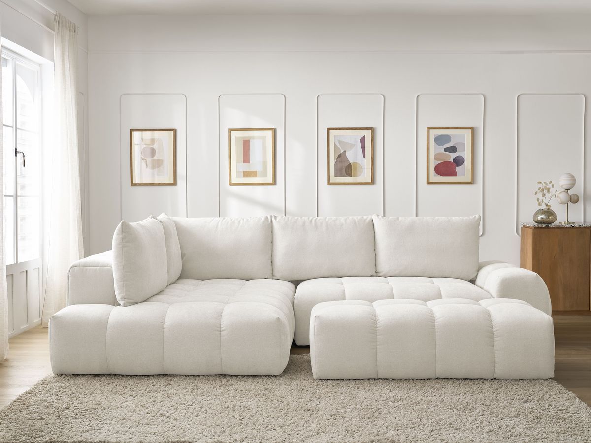 Canapé d'angle L convertible coffre EVEREST tissu texturé avec pouf blanc angle gauche BOBOCHIC 4 places - Vue supplémentaire 3