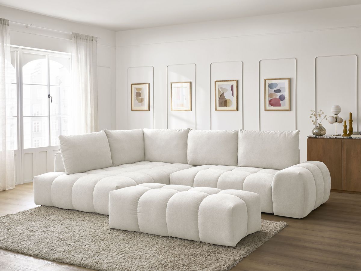 Canapé d'angle L convertible coffre EVEREST tissu texturé avec pouf