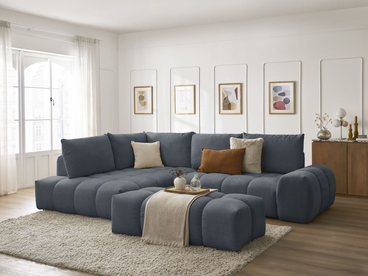 Canapé d'angle L convertible coffre EVEREST tissu texturé avec pouf