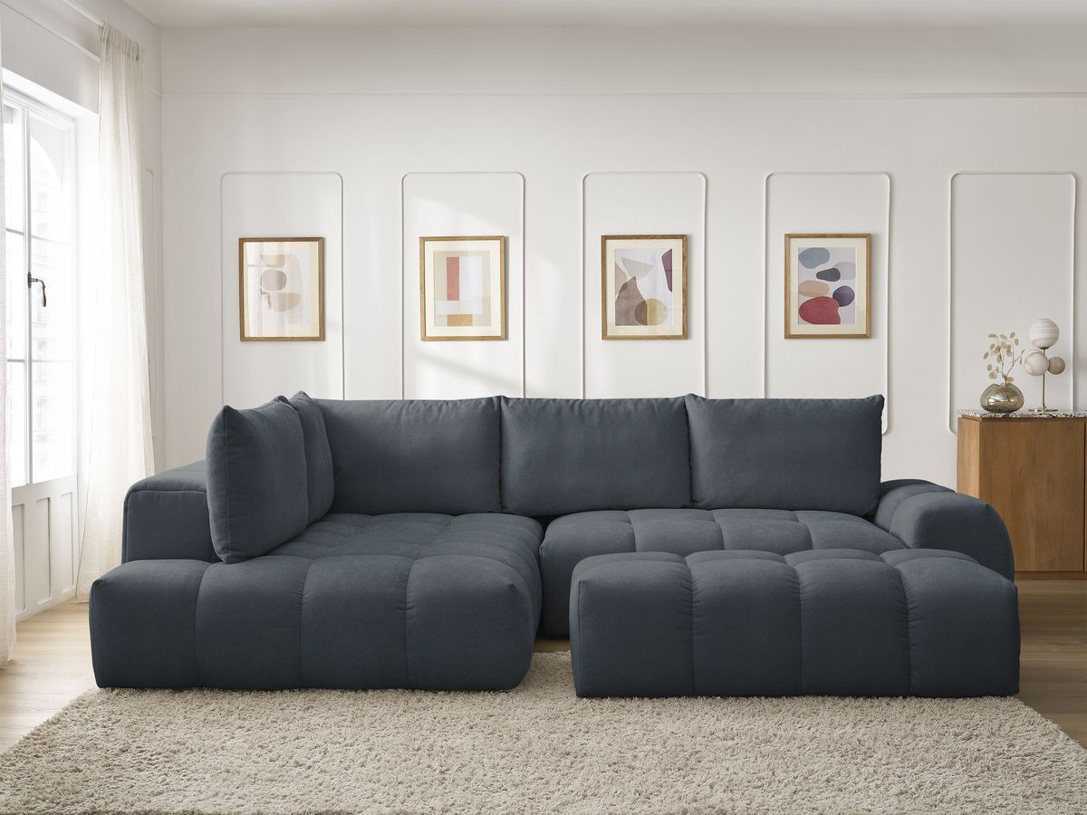 Canapé d'angle L convertible coffre EVEREST tissu texturé avec pouf bleu foncé  angle gauche BOBOCHIC 4 places - Vue supplémentaire 3