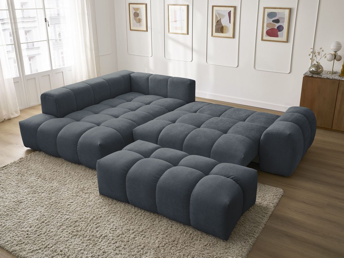 Canapé d'angle L convertible coffre EVEREST tissu texturé avec pouf