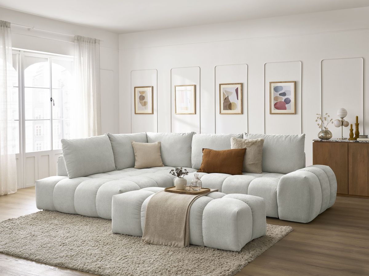 Canapé d'angle L convertible coffre EVEREST tissu texturé avec pouf