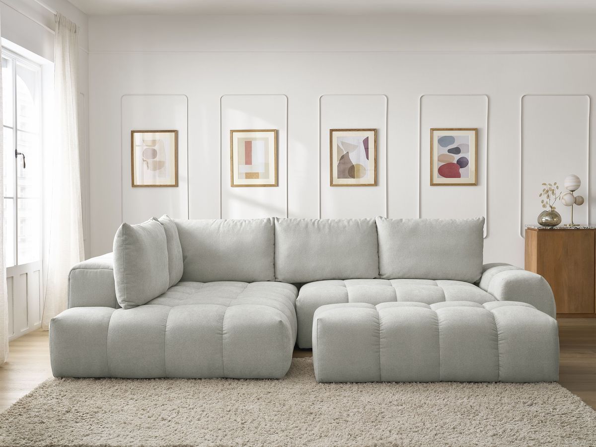 Canapé d'angle L convertible coffre EVEREST tissu texturé avec pouf gris clair angle gauche BOBOCHIC 4 places - Vue supplémentaire 3