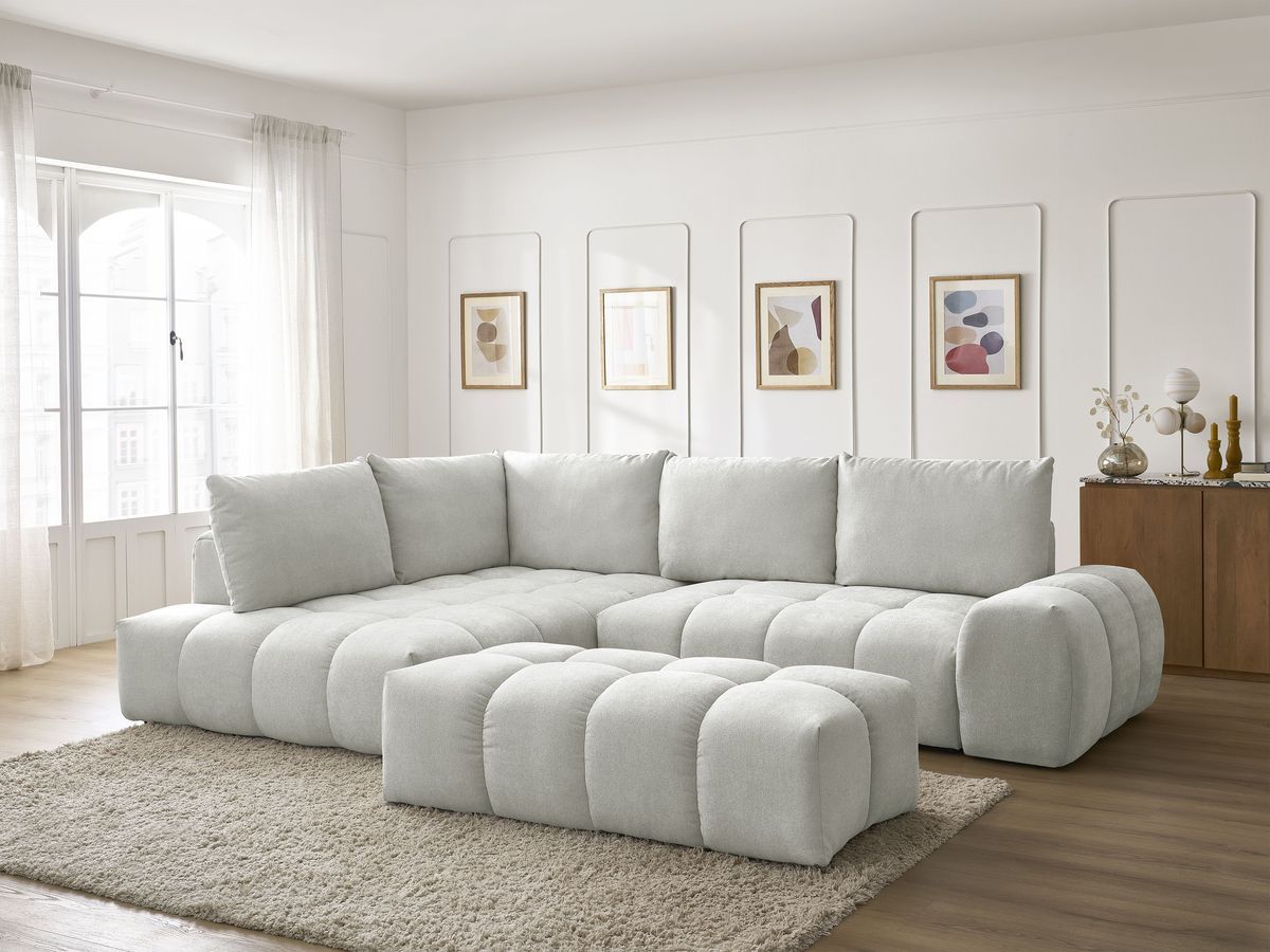 Canapé d'angle L convertible coffre EVEREST tissu texturé avec pouf