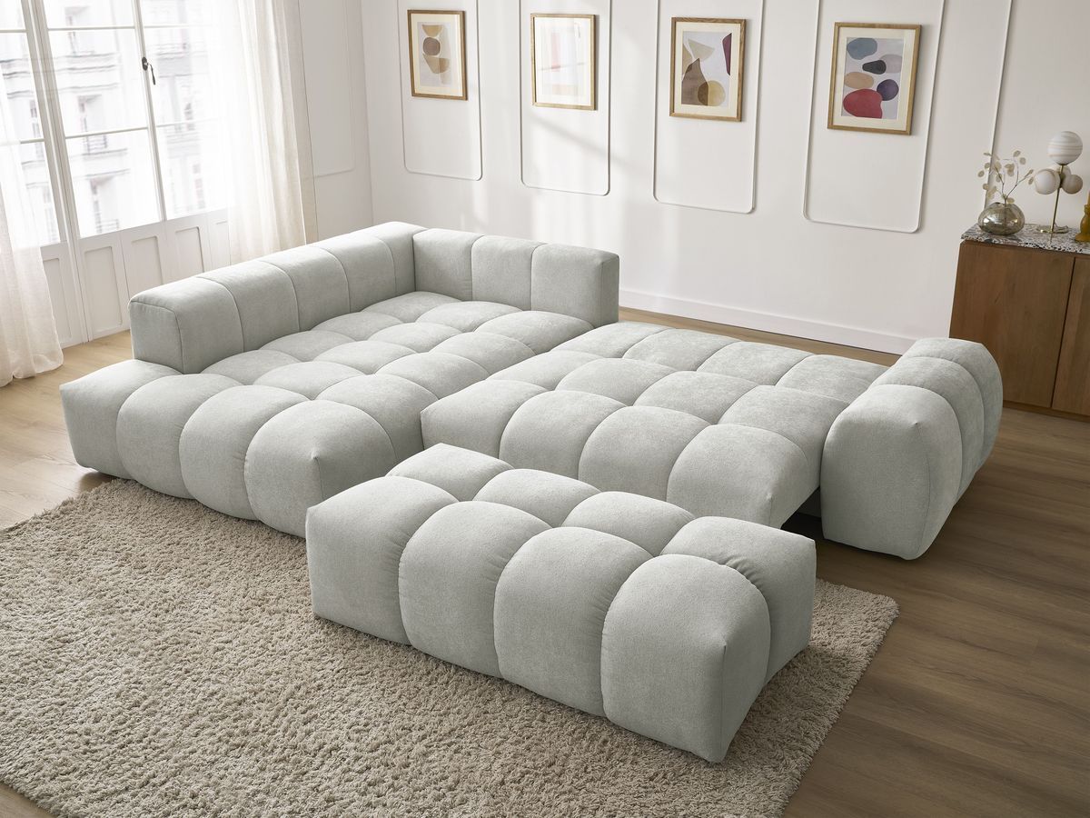Canapé d'angle L convertible coffre EVEREST tissu texturé avec pouf