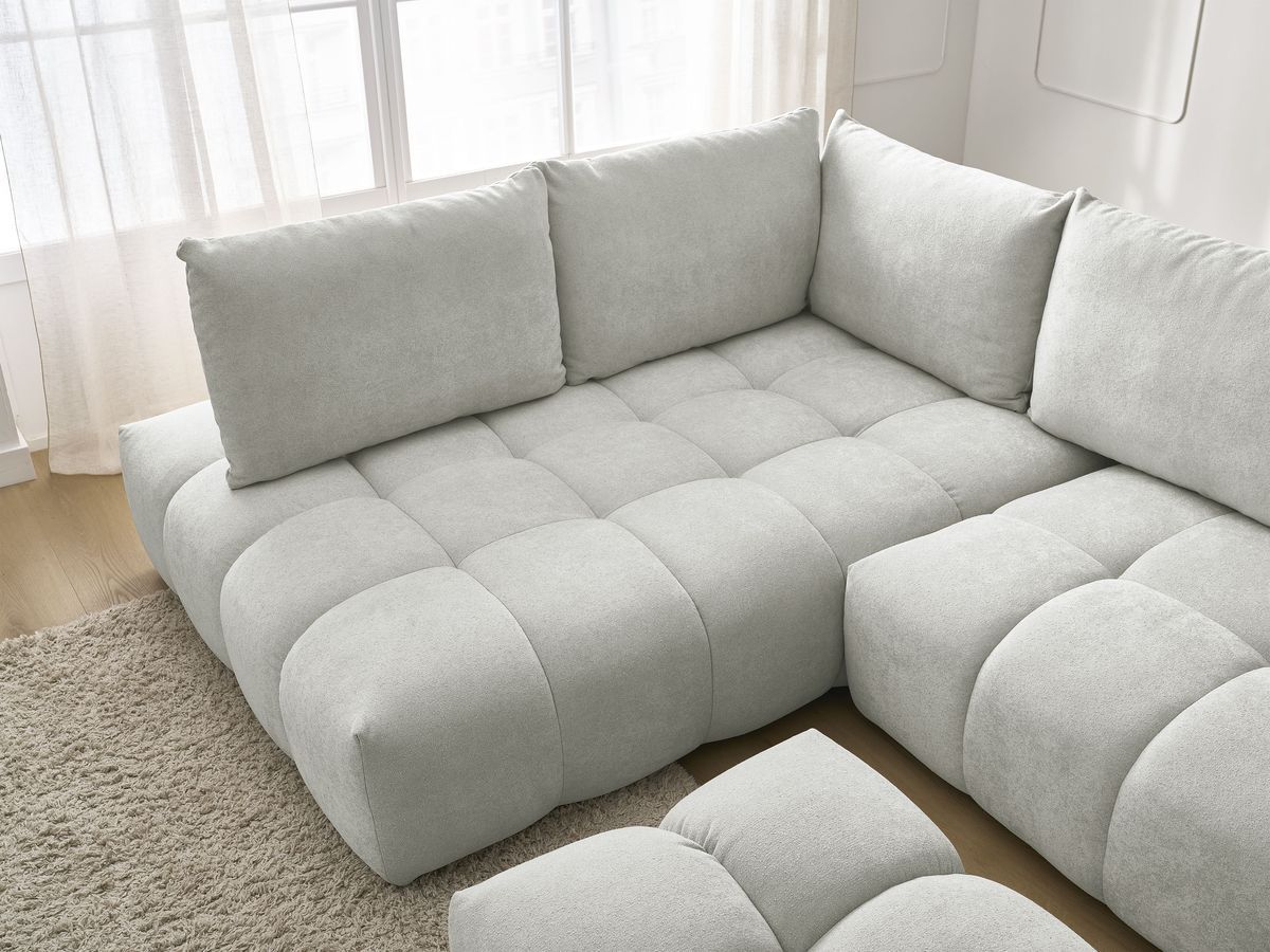 Canapé d'angle L convertible coffre EVEREST tissu texturé avec pouf