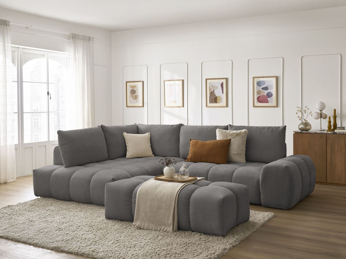 Canapé d'angle L convertible coffre EVEREST tissu texturé avec pouf