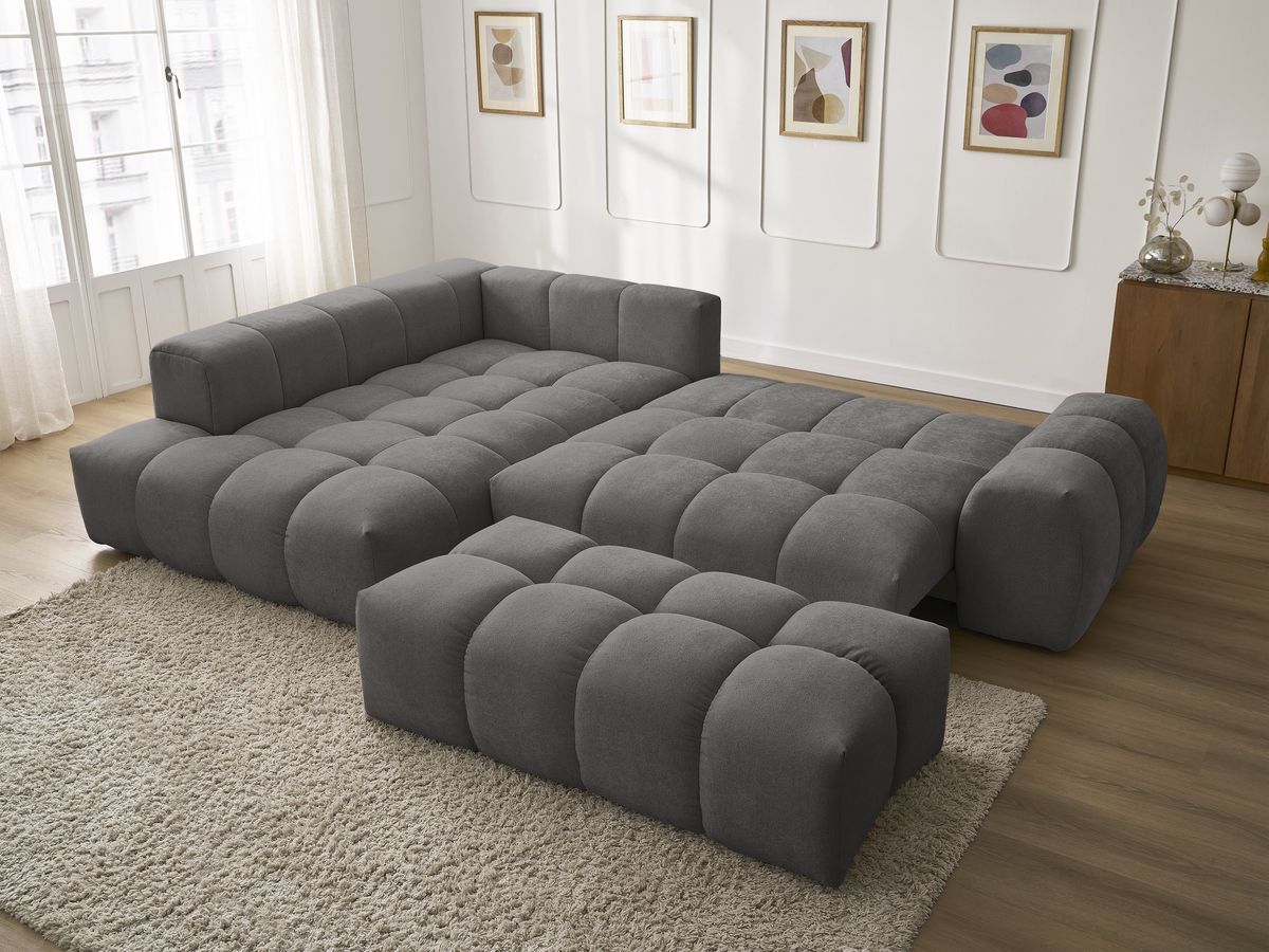 Canapé d'angle L convertible coffre EVEREST tissu texturé avec pouf