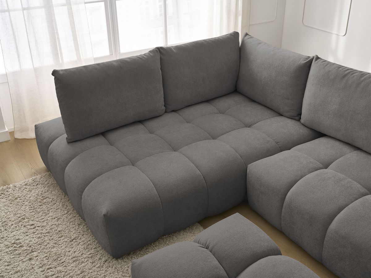Canapé d'angle L convertible coffre EVEREST tissu texturé avec pouf