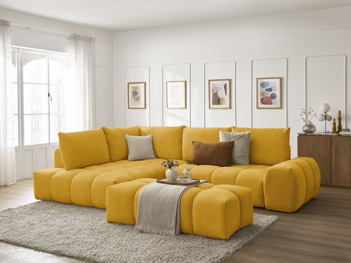 Canapé d'angle L convertible coffre EVEREST tissu texturé avec pouf