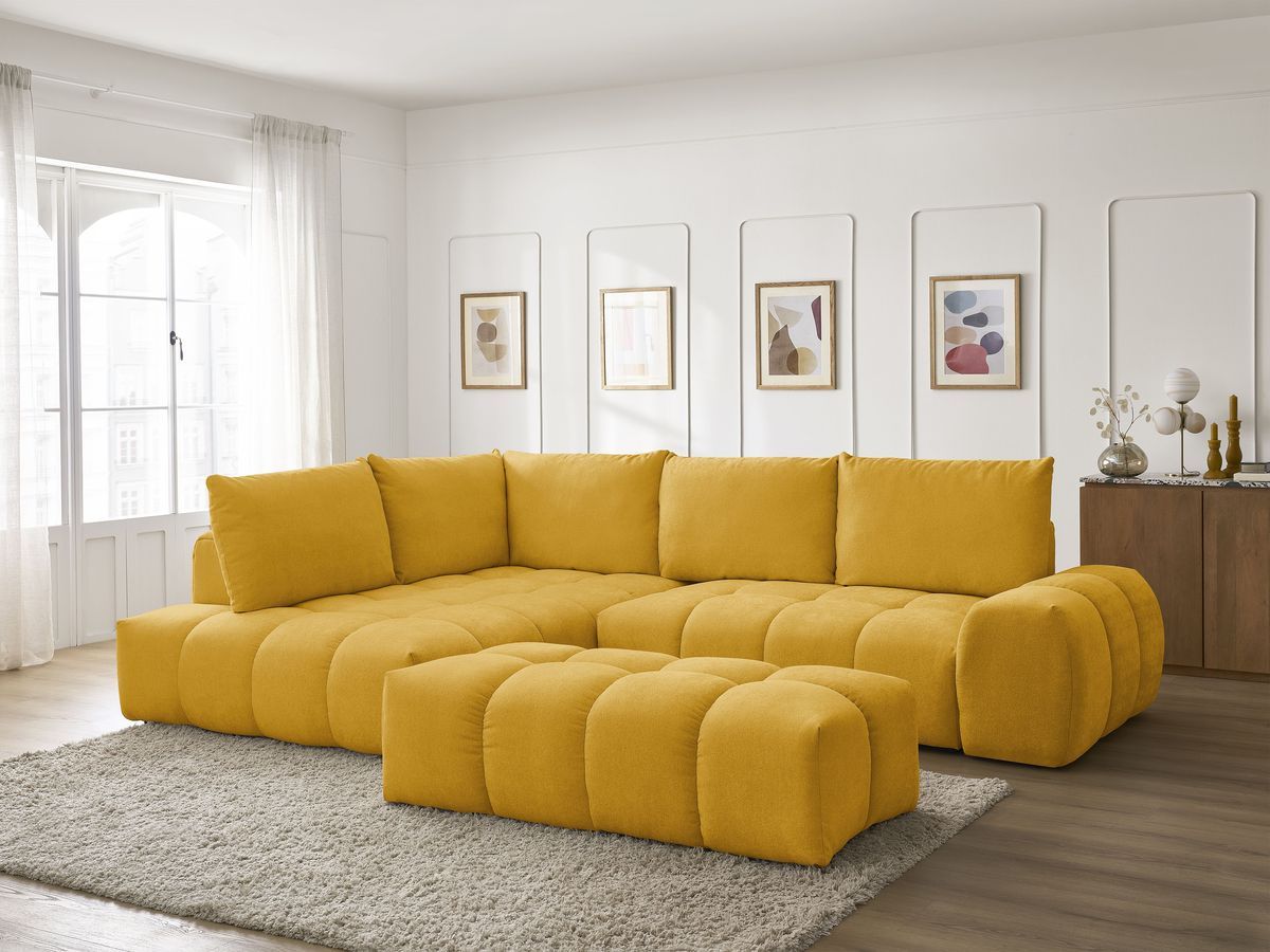 Canapé d'angle L convertible coffre EVEREST tissu texturé avec pouf