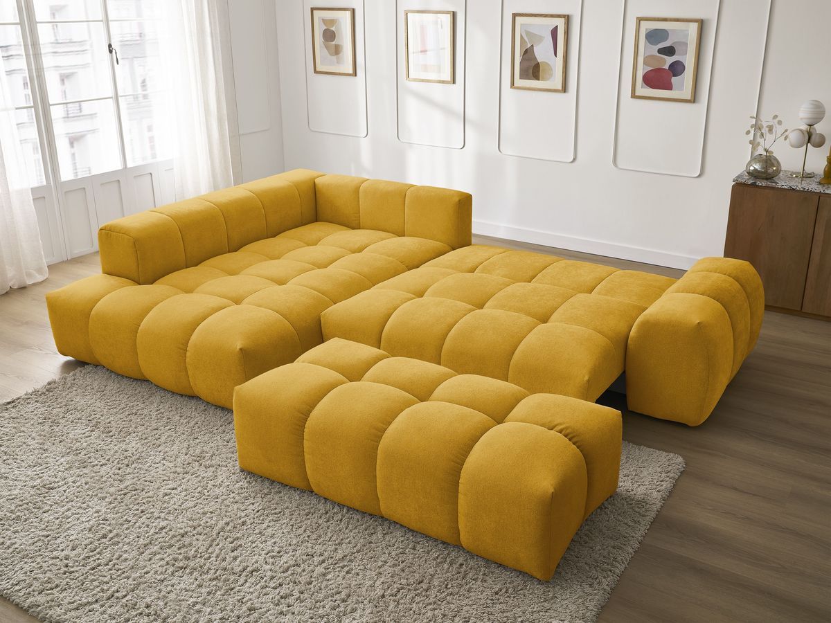 Canapé d'angle L convertible coffre EVEREST tissu texturé avec pouf