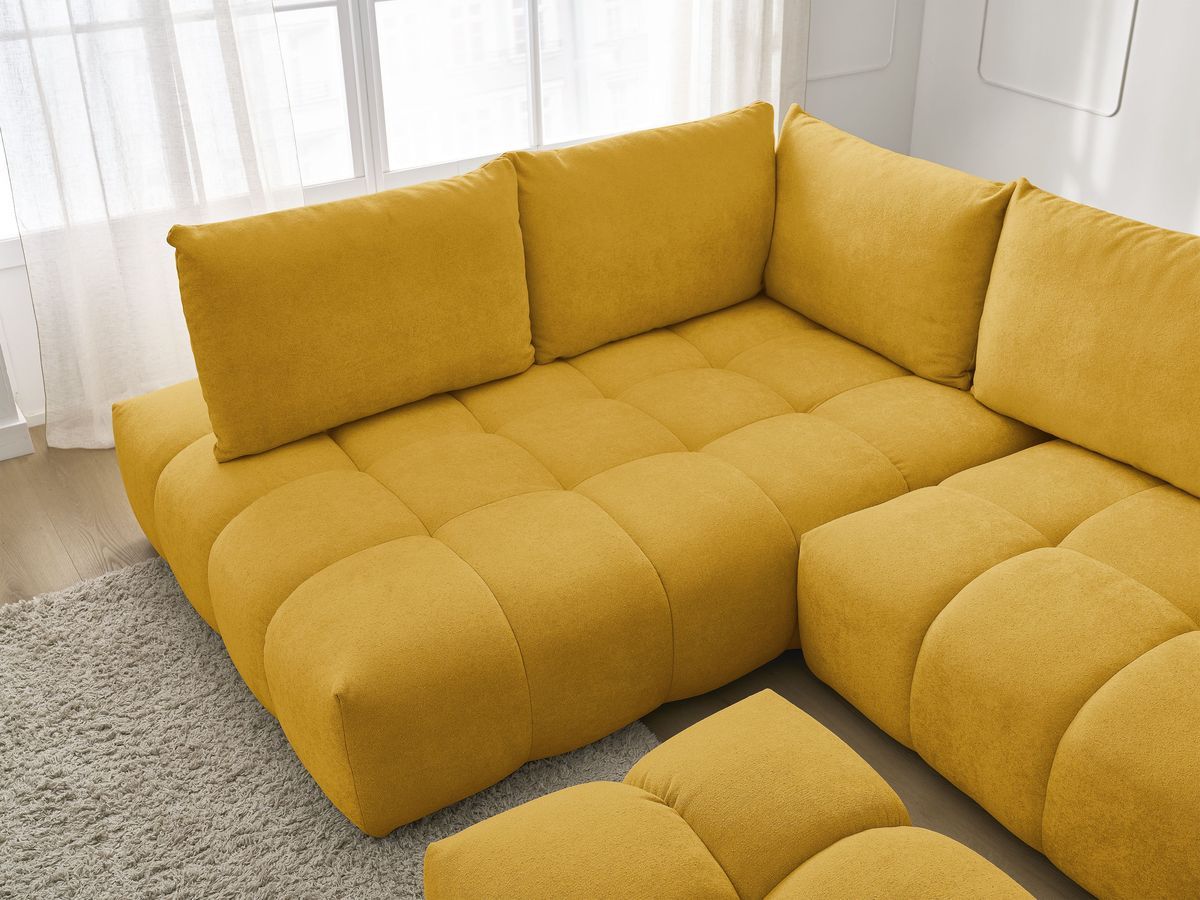 Canapé d'angle L convertible coffre EVEREST tissu texturé avec pouf