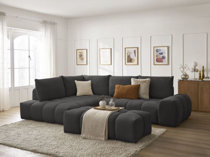 Canapé d'angle L convertible coffre EVEREST tissu texturé avec pouf