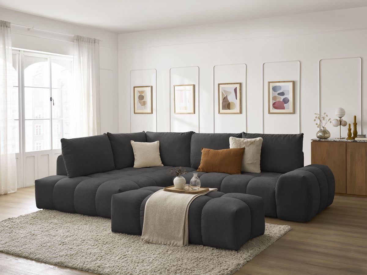 Canapé d'angle L convertible coffre EVEREST tissu texturé avec pouf