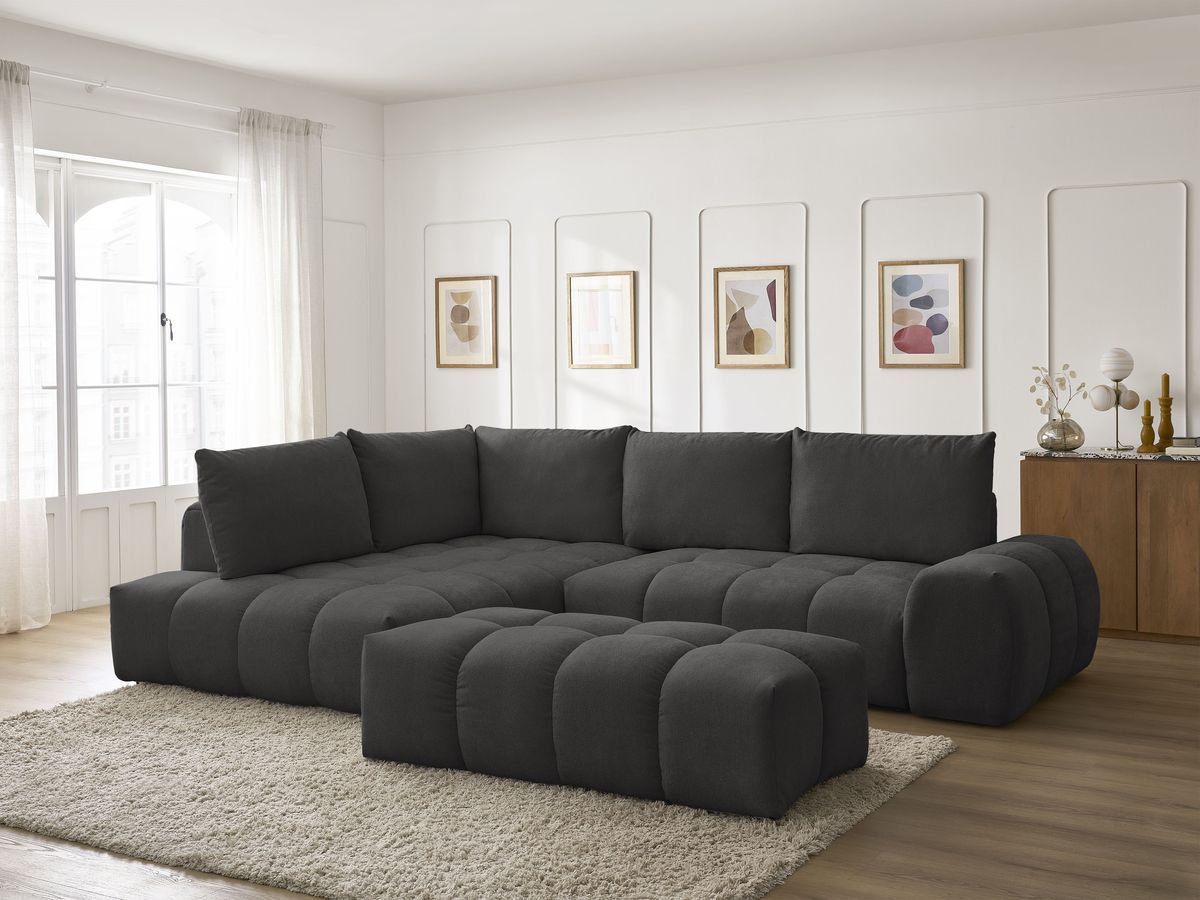Canapé d'angle L convertible coffre EVEREST tissu texturé avec pouf