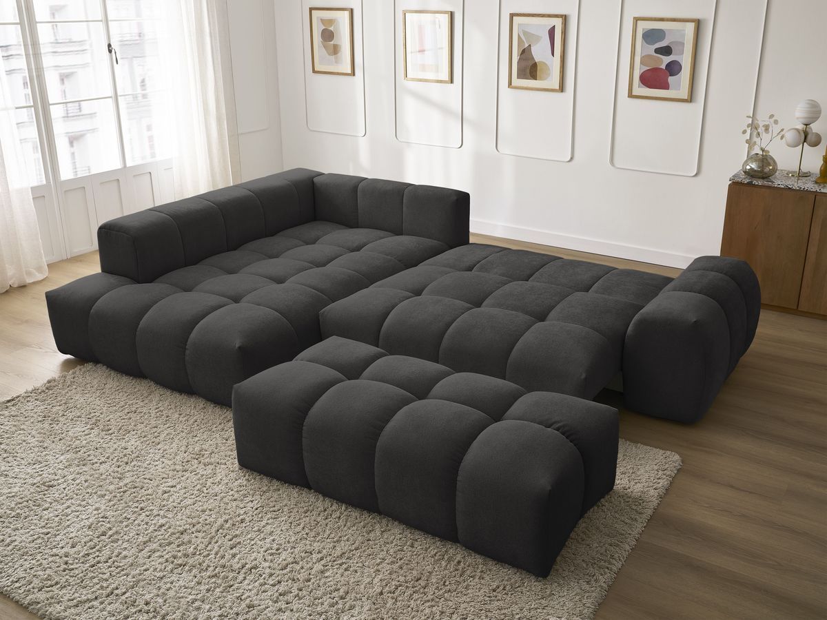 Canapé d'angle L convertible coffre EVEREST tissu texturé avec pouf