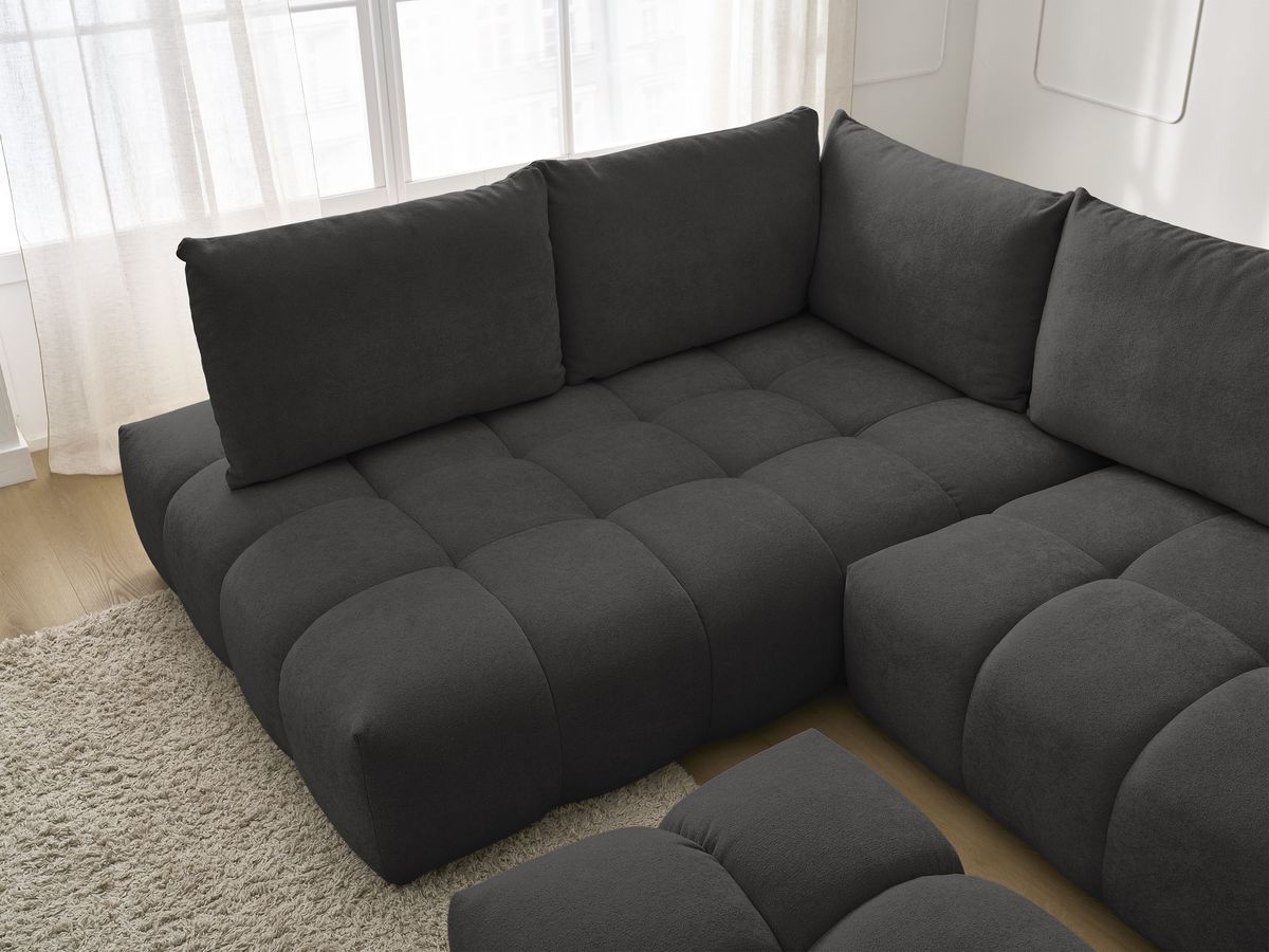 Canapé d'angle L convertible coffre EVEREST tissu texturé avec pouf
