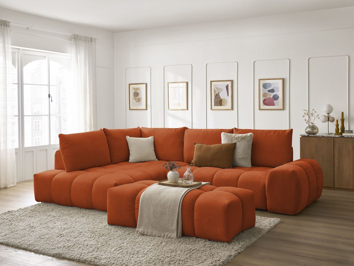 Canapé d'angle L convertible coffre EVEREST tissu texturé avec pouf